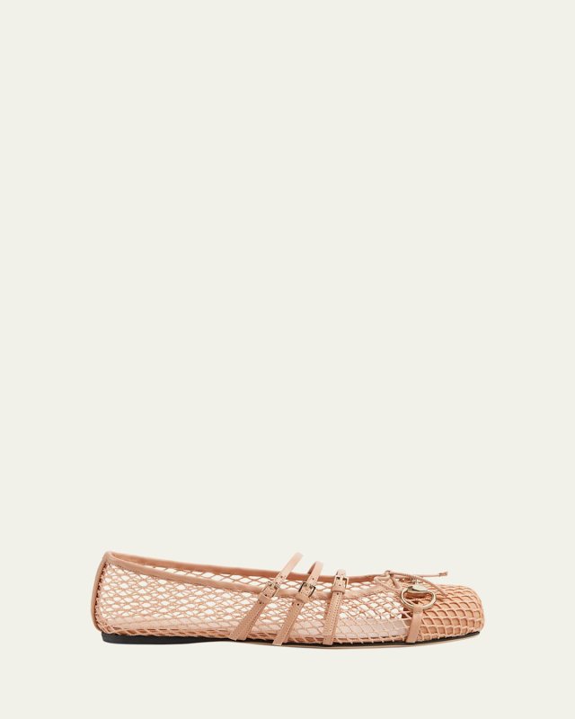 Net Nappa Triple-Strap Horsebit Ballerina Flats